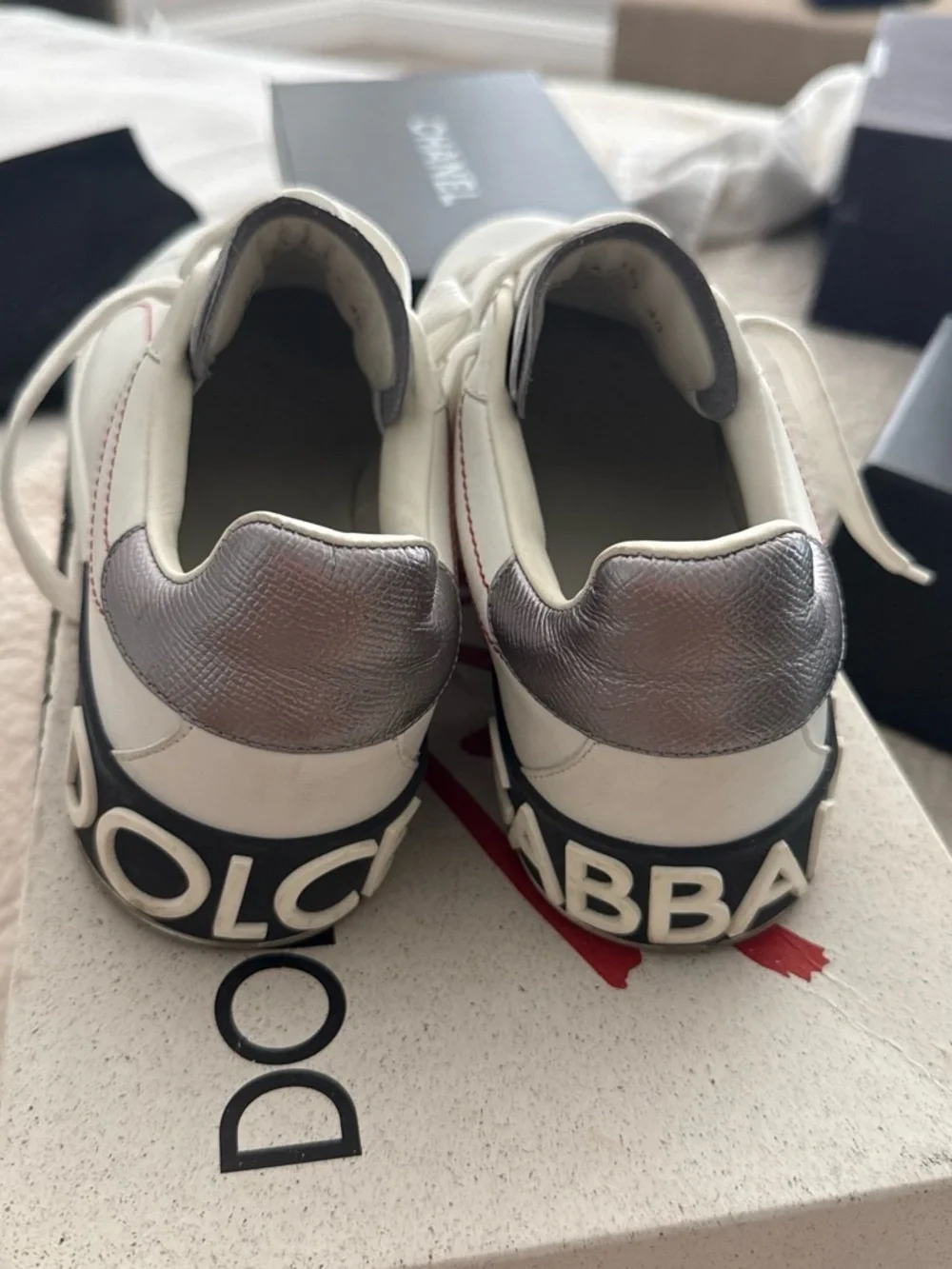 Dolce & Gabbana White Leather Sneakers with Red Stitching and Silver Heel
